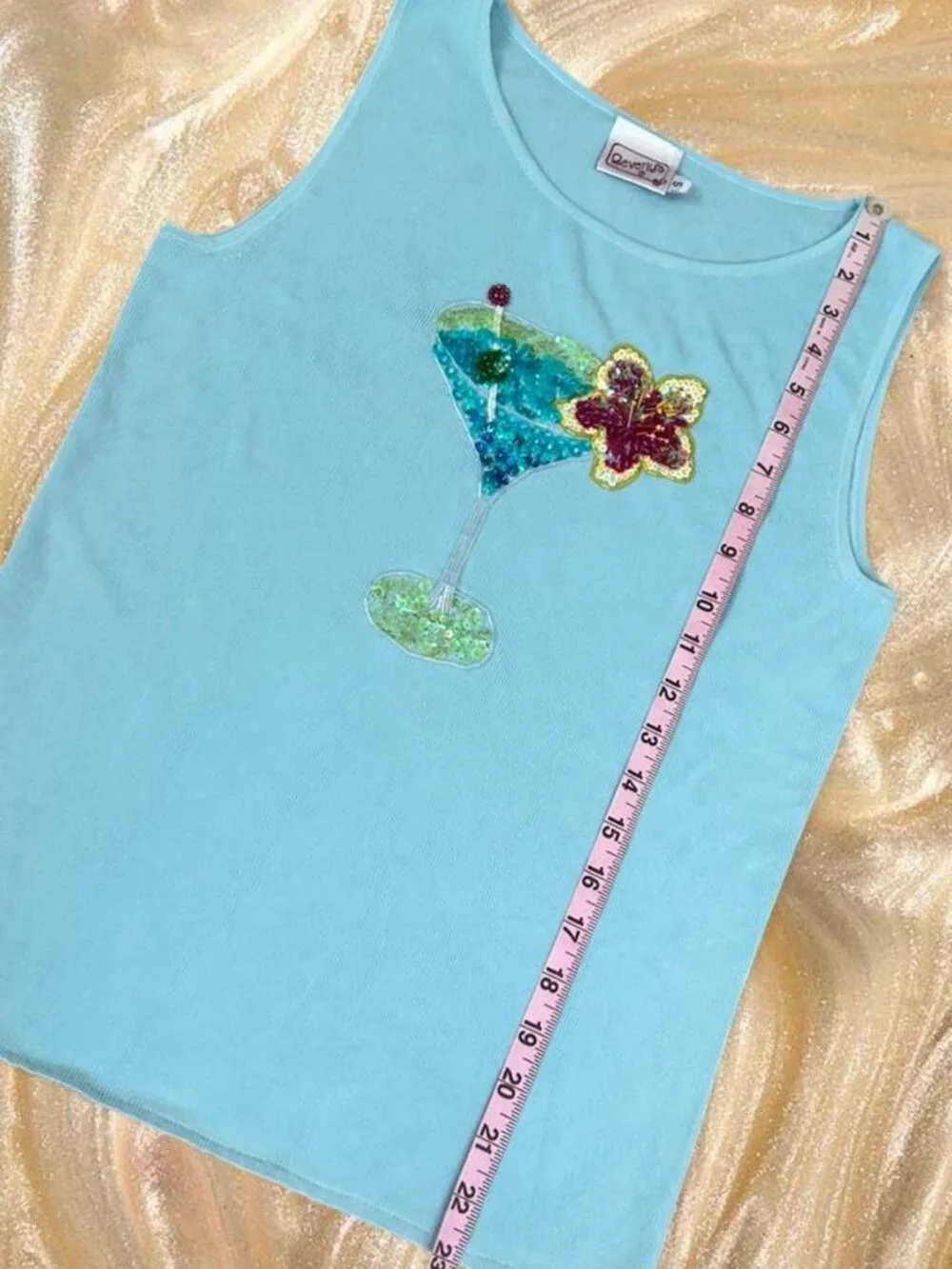 Vintage Y2K Beaded Martini Tank Top ⭐️ Baby Blue Cocktail Tropical Sequin Tank - Picture 4 of 6